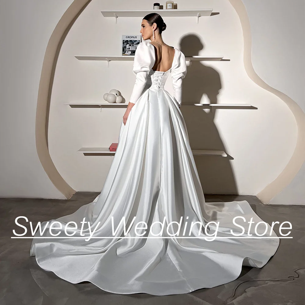 Sexy Lady Wedding Dress Satin Bridal Gown V Neck Long Sleeves Pleat Court Train High Slit A Line Corset Bride Dresses Custom