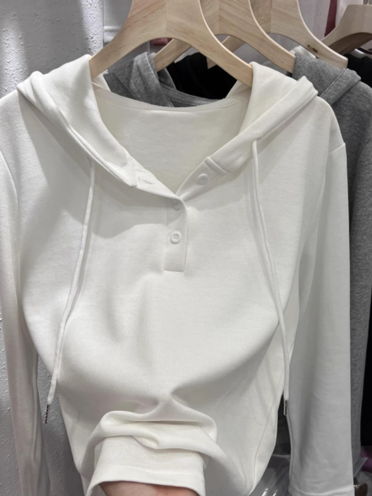 Slim Fit  Color Hoodie T-Shirt Women's Base Layer Casual Versatile Knitted Top Spring Autumn New Style Simple Base Shirt