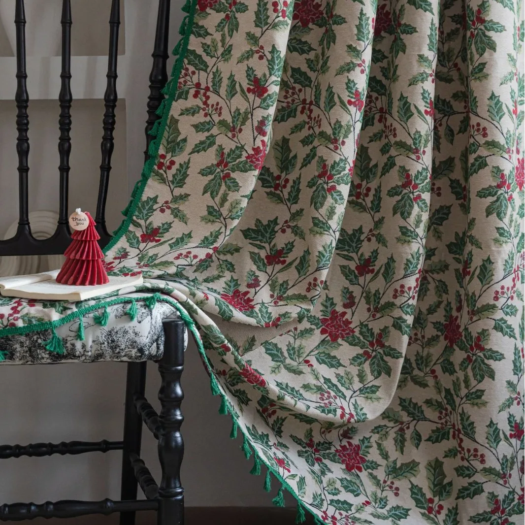 American Style Jacquard Christmas Holly Curtains Finished Kitchen Curtains Bay Window Semi-light-blocking For Bedroom LivingRoom