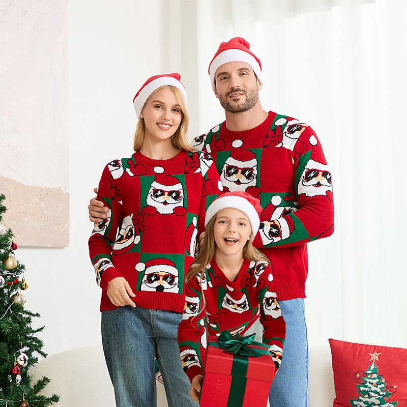 

Одинаковый красный рождественский свитер для всей семьи, 2025 г., солнцезащитные очки с забавным рисунком Санта-Клауса, вязаный пуловер унисекс, одежда для взрослых и детей, праздничная праздничная одежда