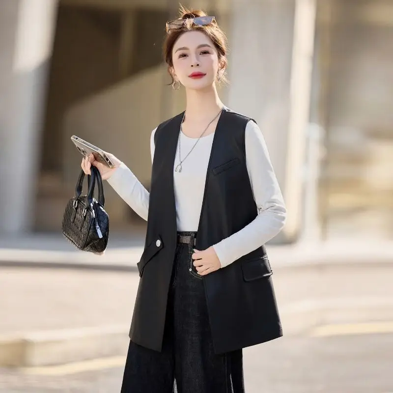 Fashion Motorcycle Sleeveless Jacket Women 2026New Spring Autumn Pu Leather Vest Coat Long Hong Kong Waistcoat Overwear Lady Top