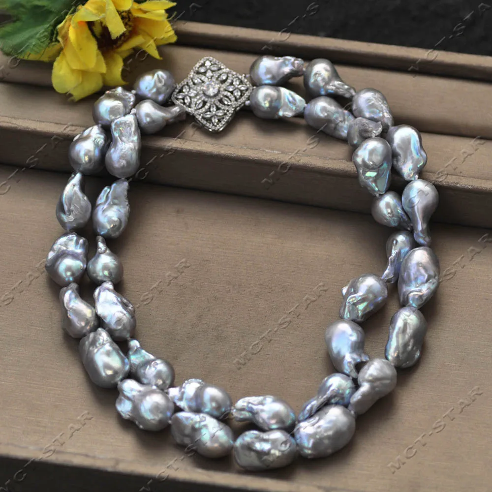 Z14441 2Row 18'' 24mm Gray Teardrop Baroque Keshi Reborn Pearl Necklace Square CZ