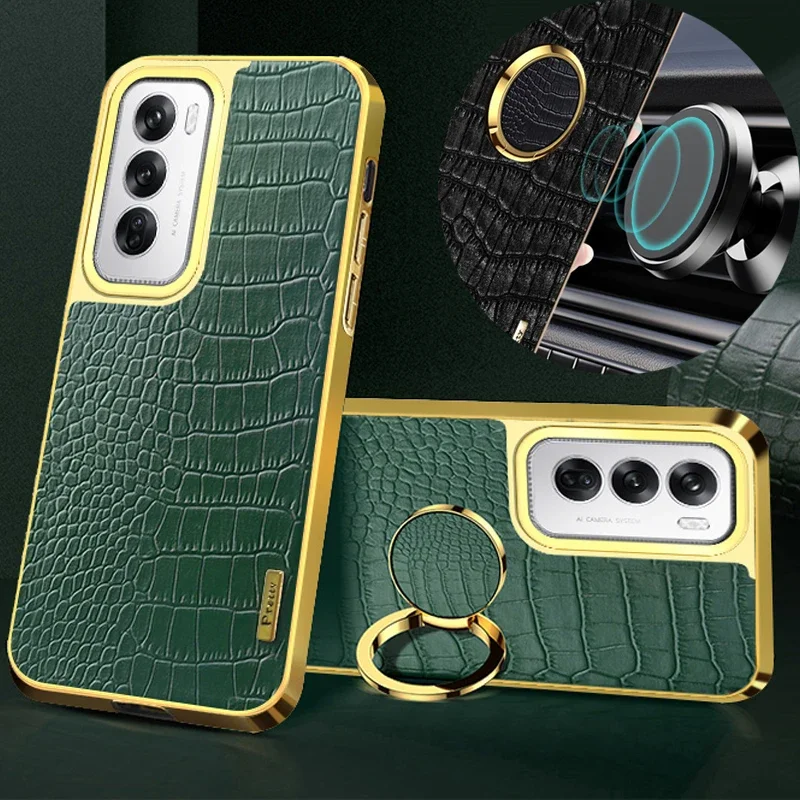 Magnetic Holder Stand Cover Phone Case For OPPO Reno 11A 12 FS 13 10 Pro Plus 5G Silicone Soft Crocodile Texture PU Leather Case