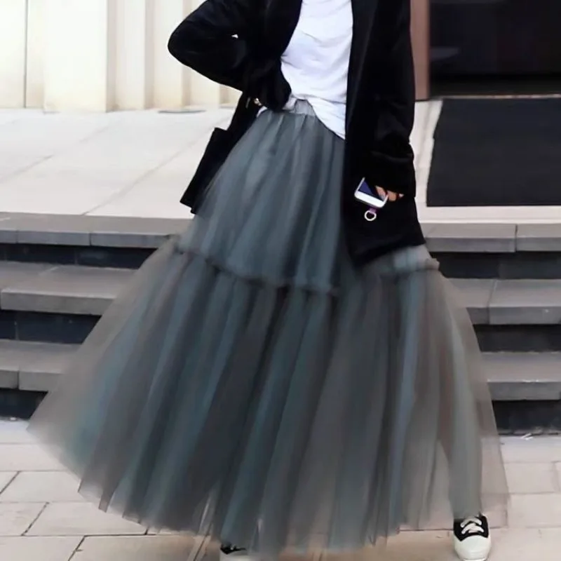 

Women Multilayer Ruffles Mesh Skirts Pleated Elegant Lady High Waist Fluffy Maxi Skirt Solid Color Female Party Long Skirts