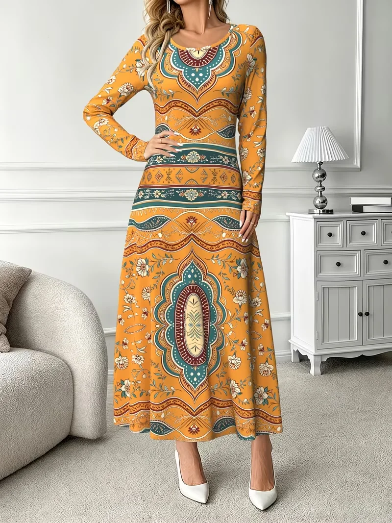 New 2026 Autumn Long Dresses Women's Vintage Ethnic Pattern 3D Print Dress Loose Casual Long Sleeve Vacation Maxi Dress Vestidos