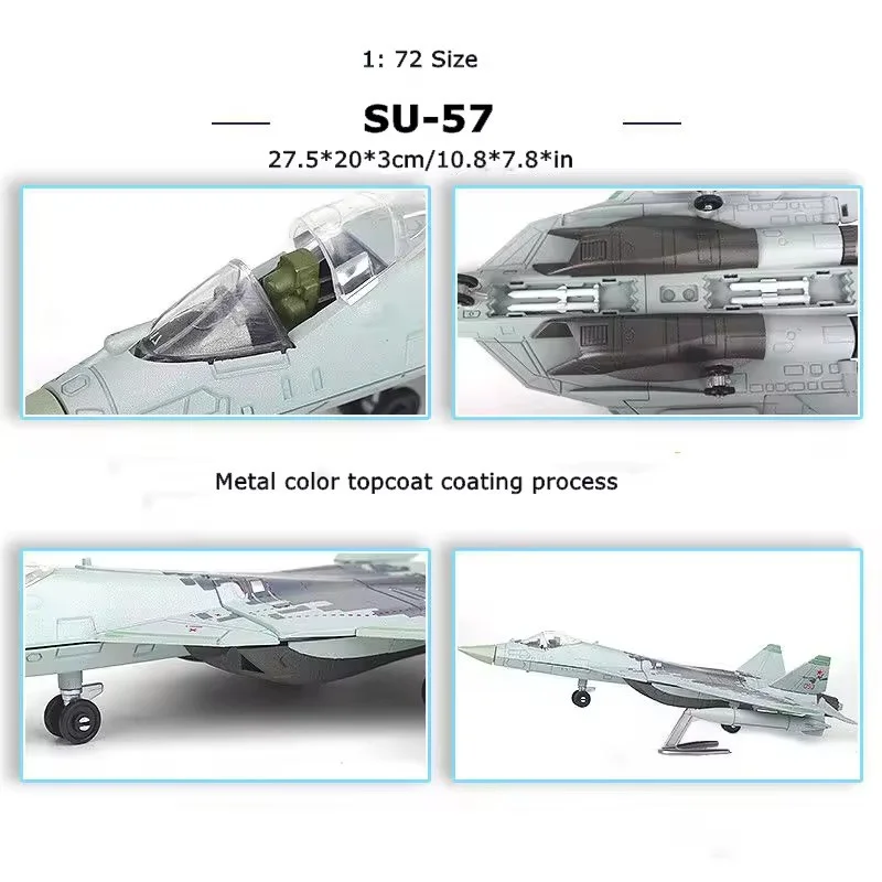 نموذج طائرة لعبة 1/72 مقياس الروسية SU57 سوخوي SU-57 طائرة مقاتلة معدنية عسكرية الانتهاء ABS دييكاست محاكاة Gif