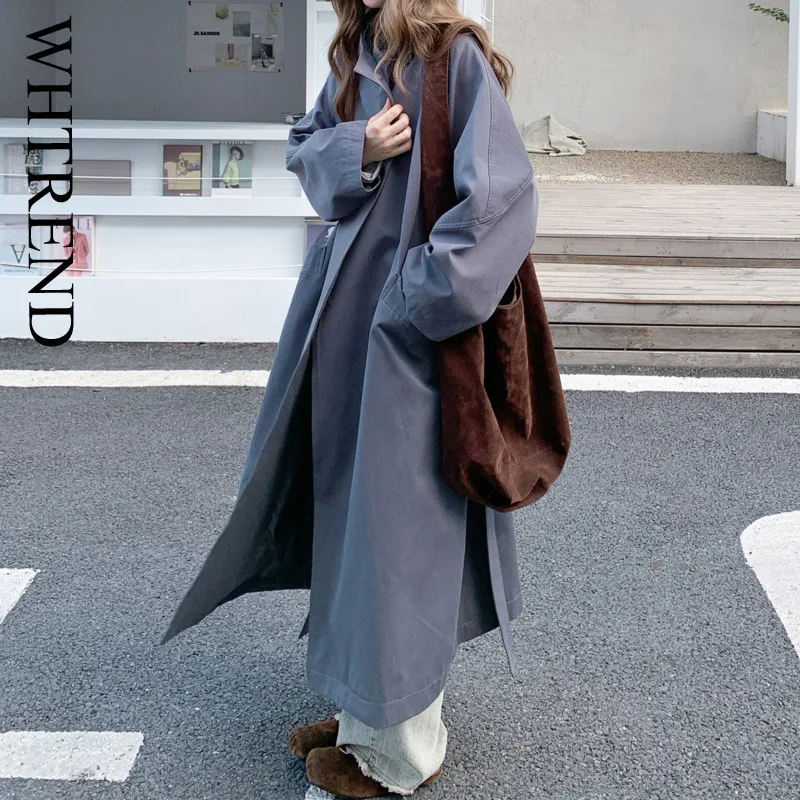 

WHTREND большой длинный плащ для женщин, осень 202, новинка осени, ветровка серого цвета с поясом