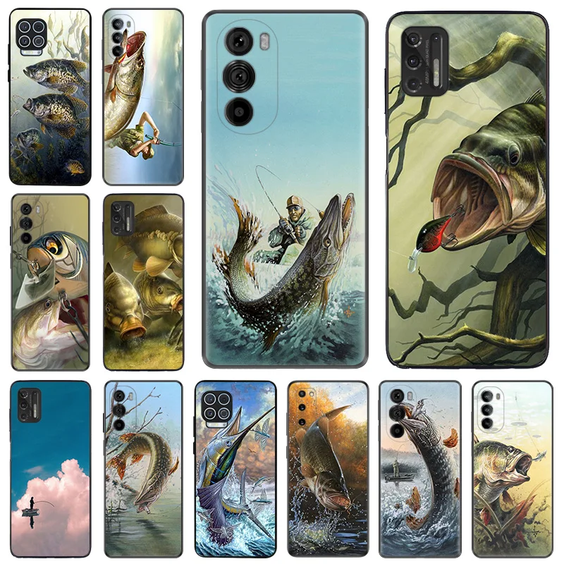 Phone Case For Motorola G50 4G G51 G30 G31 G60 G71 G22 G32 G52 G72 G73 G53 G9 River Carp Fishing Art Black Soft Anti-Drop Cover