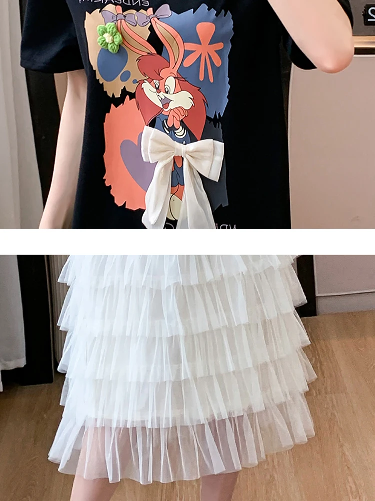 Feminino coreano moda casual vestido de férias verão preto impressão dos desenhos animados arco y2k vestido 2025 novo elegante retalhos malha em camadas vestido