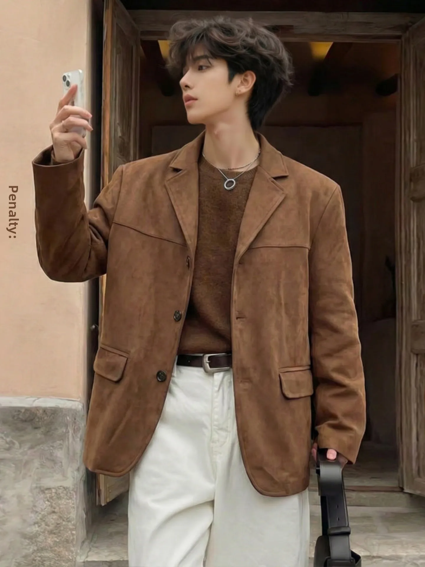 

Brown Suede Men's Suit Jaet Spring Autumn Sle Luxury Lightweight Casual Faion Polyester Fiber Full Length Buttoned