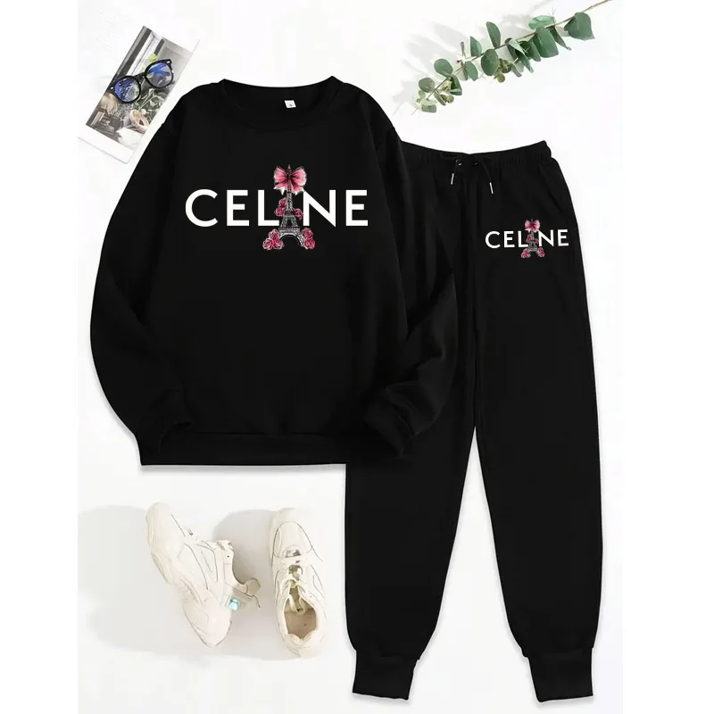 Women\'s Casual Suit Pattern Printed O-Neck Sweatshirt + Sweatpants 2 Piece Set Outfit Woman Fitness Jogger Matching Tracksuit