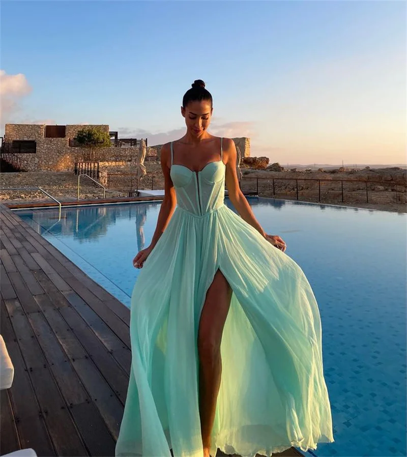 

Pearl Dress Elegant Green Chiffon A-line Side Split Formal Evening Dress Thin Shoulder Straps Arab Dubai Women's Prom Dress