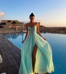 Pearl Dress Elegant Green Chiffon A-line Side Split Formal Evening Dress Thin Shoulder Straps Arab Dubai Women's Prom Dress