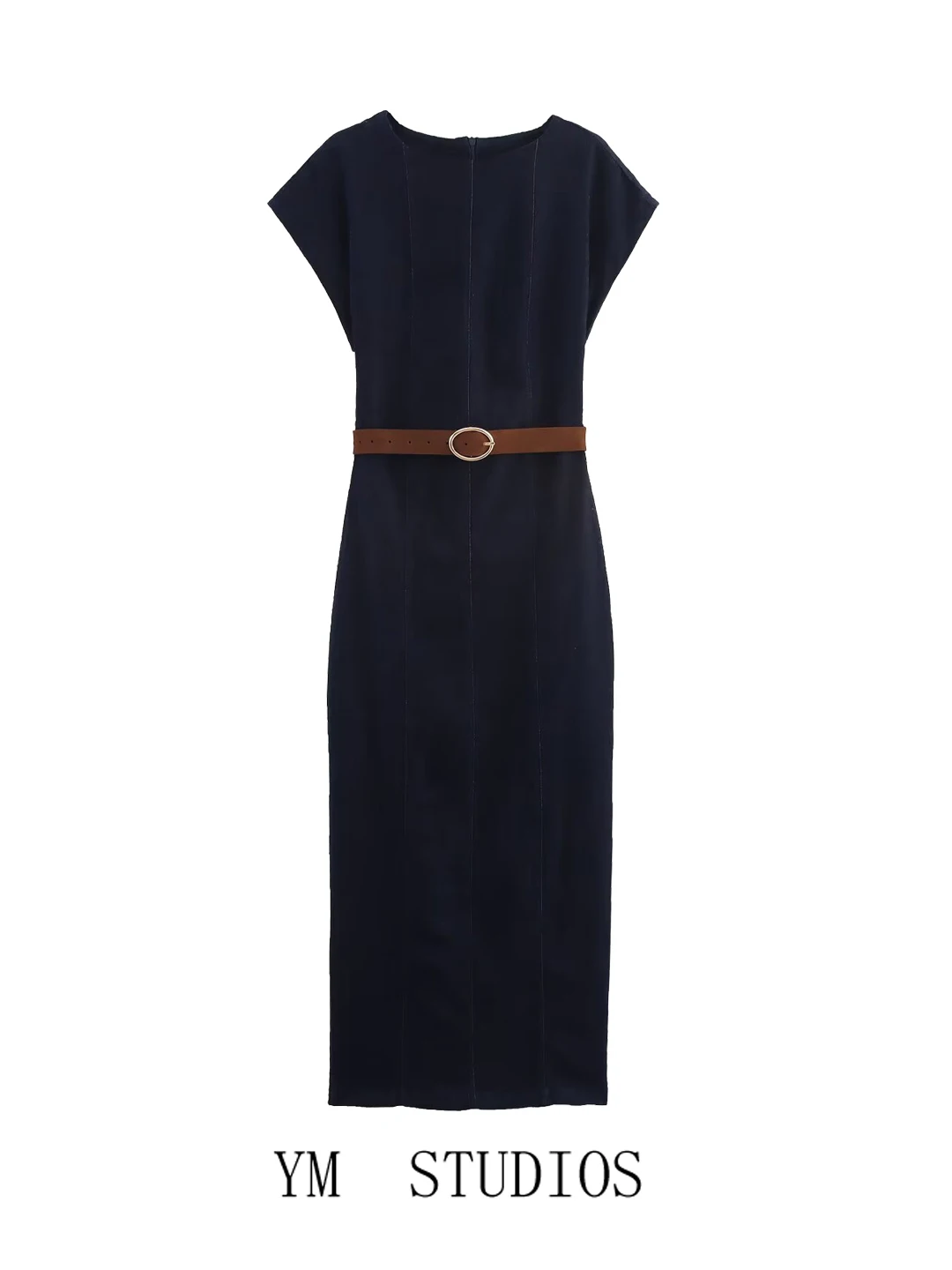 Slim Fit Denim round Neck Wrap Dress with Belt High Waist Business Long Skirt Short Sleeve Casual Women's Dress