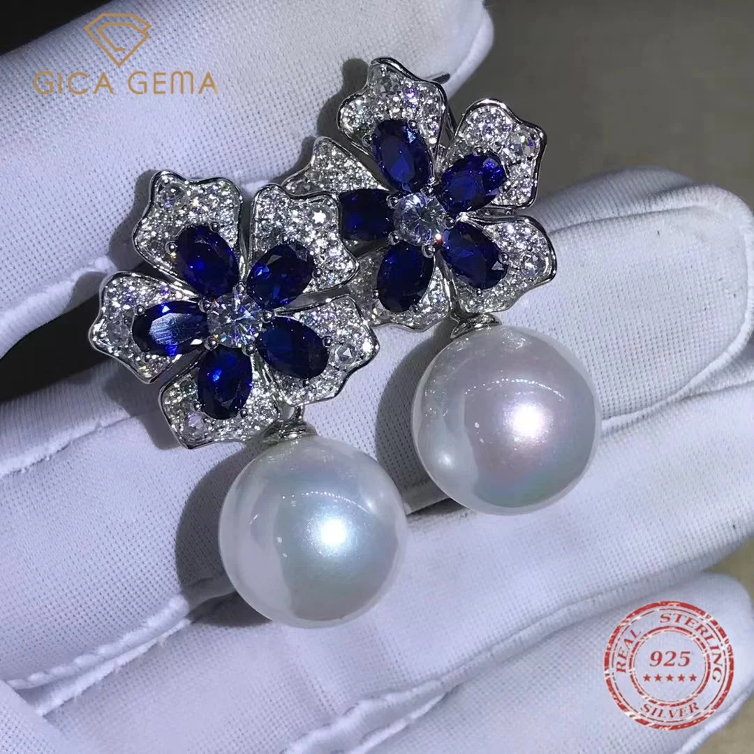 

Gica Gema Luxury 925 Sterling Silver Pearl 15MM Ruby Sapphire Faceted Gemstone Earrings For Women Anniversary Party Gift Jewelry