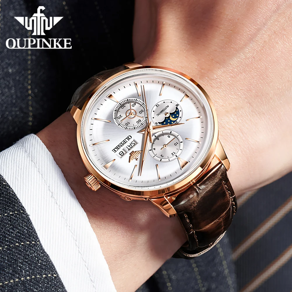 OUPINKE 3309 メンズ腕時計 レザーストラップ オリジナル多機能機械式時計 ﻿   防水ムーンフェイズ腕時計男性ギフト用
