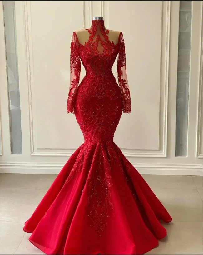 Luxury Women's Lace Evening Dresses Mermaid Long sleeved High Collar Princess Prom Gowns Arab Dubai Formal Beach Party Robe De