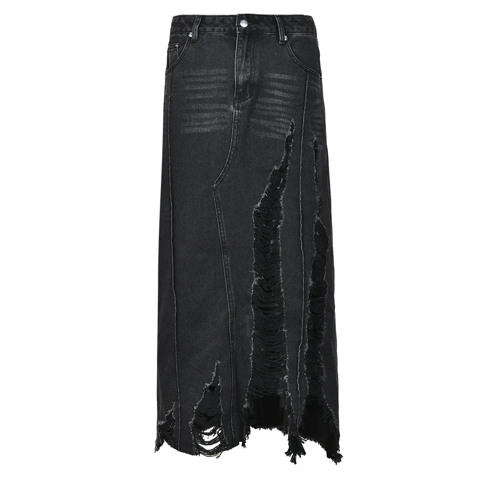 

HUISONG 2025 новый дизайн, черная стираная юбка-миди в уличном стиле, темный стиль, женская универсальная длинная юбка, корейская повседневная юбка для женщин