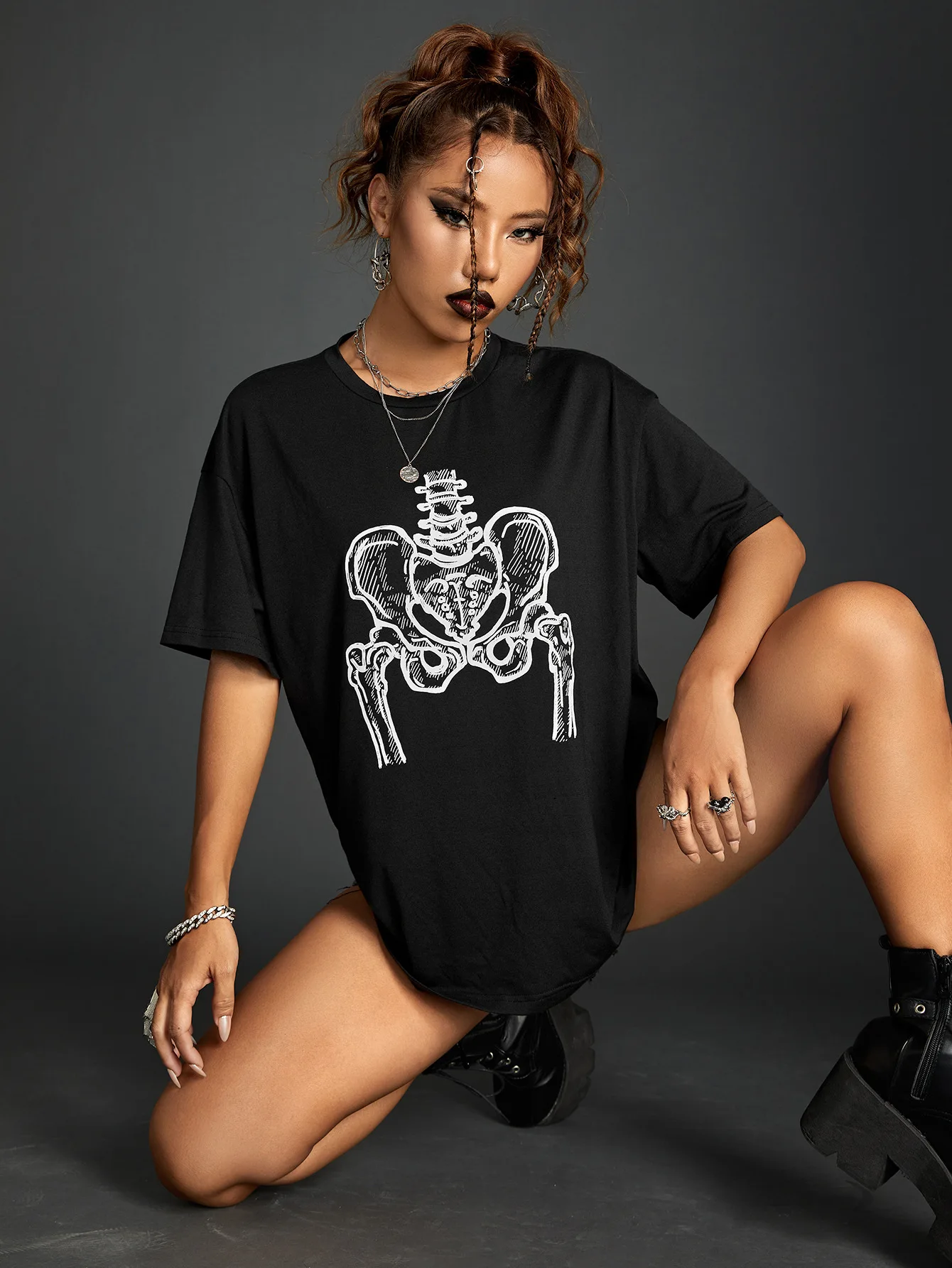 Bold Shade Skull Printed Mall Gothic Oversize T-shirts E-girl Streetwear Short Sleeve Women Tops Grunge Punk Fashion O-neck Tees