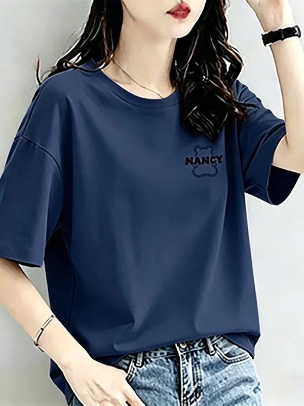 

Short Sleeve T-Shirt Women's Trendy Summer New Style Royal Blue Shoulder Love Print Fashionable Anti-Aging Polyester Fiber