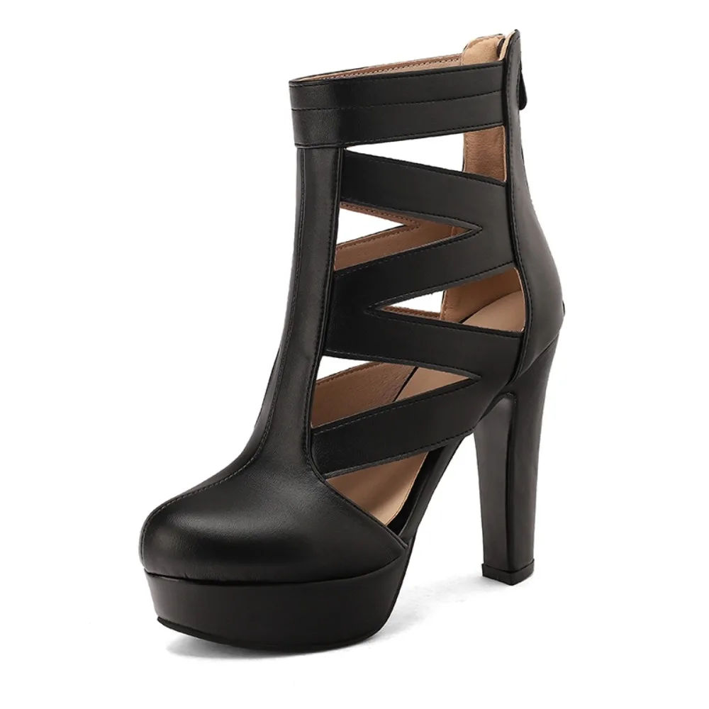 

Block Heels Women Sandals Fashion Round Toe Back Zipper Hollow Out Black Party Dress Wedding Summer Boots Big Size 49 50 30-47