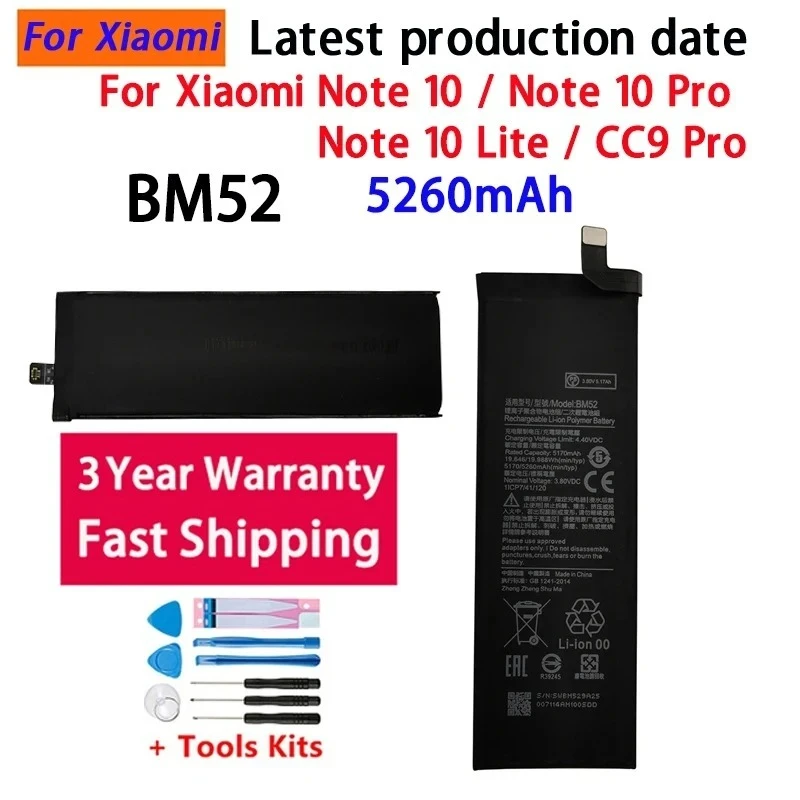 High Quality 5260mAh Battery BM52 For Xiaomi Mi Note 10 Lite /Mi Note 10 Pro / CC9pro CC9 Pro Batteries Bateria Batterij+Tools