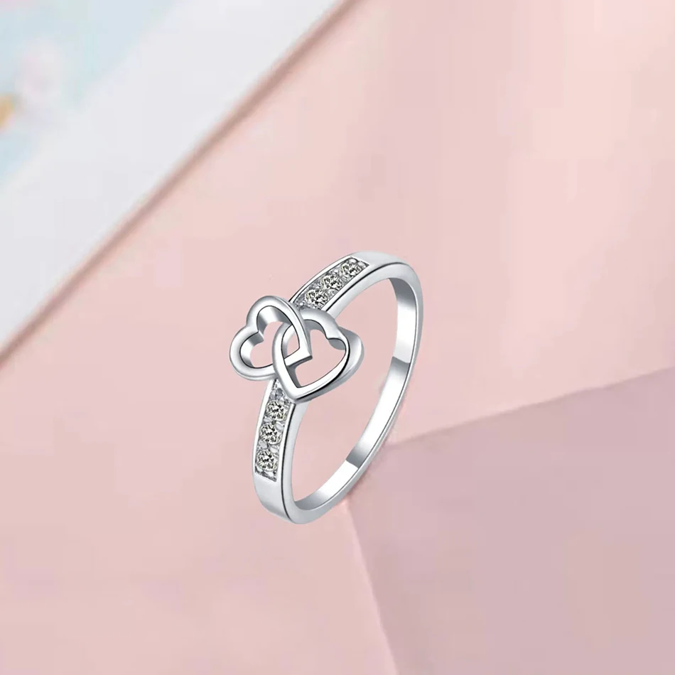 Fine 925 Sterling Silver Zircon Double Heart Ring Unique Design for Women's Wedding Ring Jewelry Couple Rings Accessories Gift