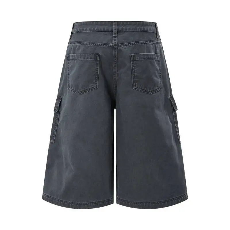 American Retro Distressed Men's Shorts Multipocket Washed Pleated Design Casual Loose Wide Leg Cropped Cargo Pants