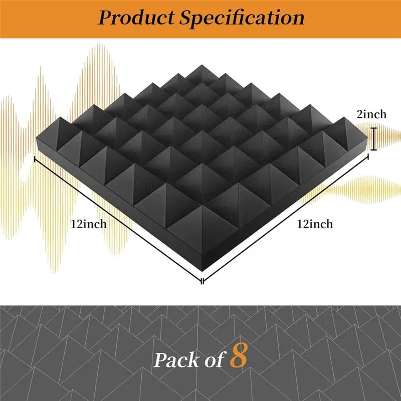 Paquete de 8 paneles de espuma acústica BHTS, paneles de espuma insonorizantes de 12x12x2 pulgadas para paredes, paneles de sonido con autoadhesivo