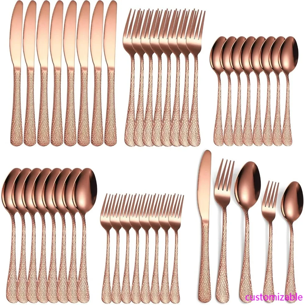 

Stainless Steel 40-Piece Hammered Flatware Set for 8 in Copper and Rose Gold Finish with Unique Handles