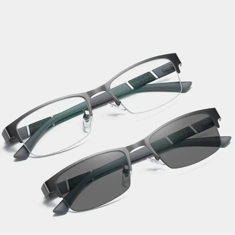 Trendy Business Half Frame Photochromic Anti-UV Sunglasses Vintage Blue Light Blocking Color Changing Minus Glasses with Diopter
