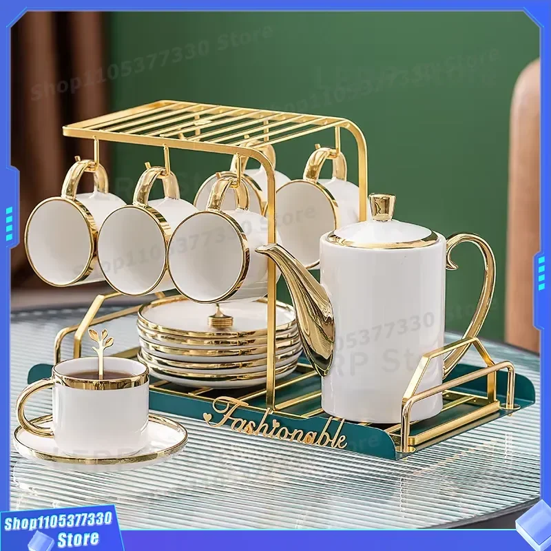 RXZZ 6pcs European Style Ceramic Coffee Cup Set with Handle and Tray Arabic Design Fashionable Mug for Home Office Use