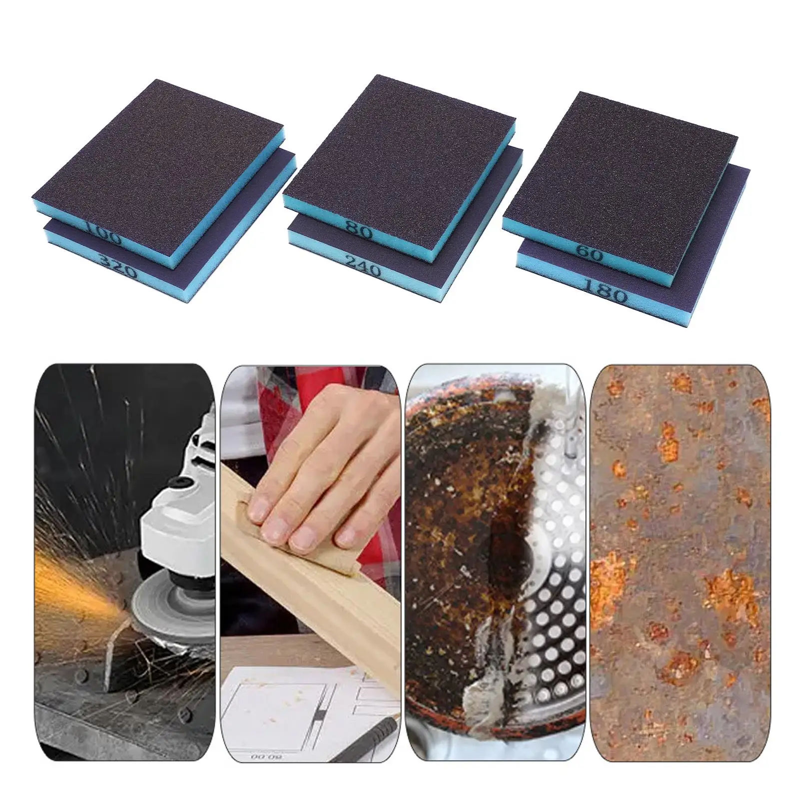 6PCS Double-Sided Sanding Sponge Kit 60-320 Grit for Rust Removal & for furniture Polishing - Wear Resistant