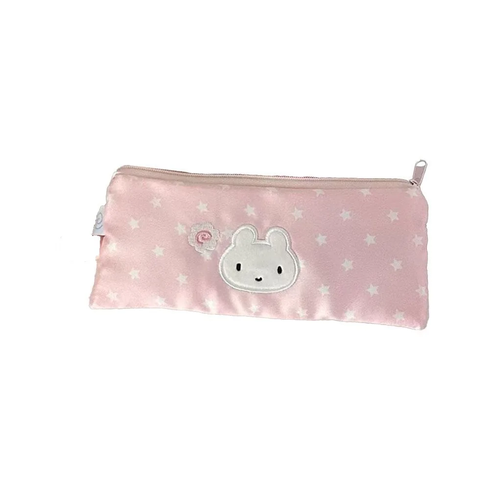Pink Pen Bag Cute Cartoon Star Rabbit Pattern Plush Large Capacity Pencil Case Zipper Design Stationery Storing Bag Students