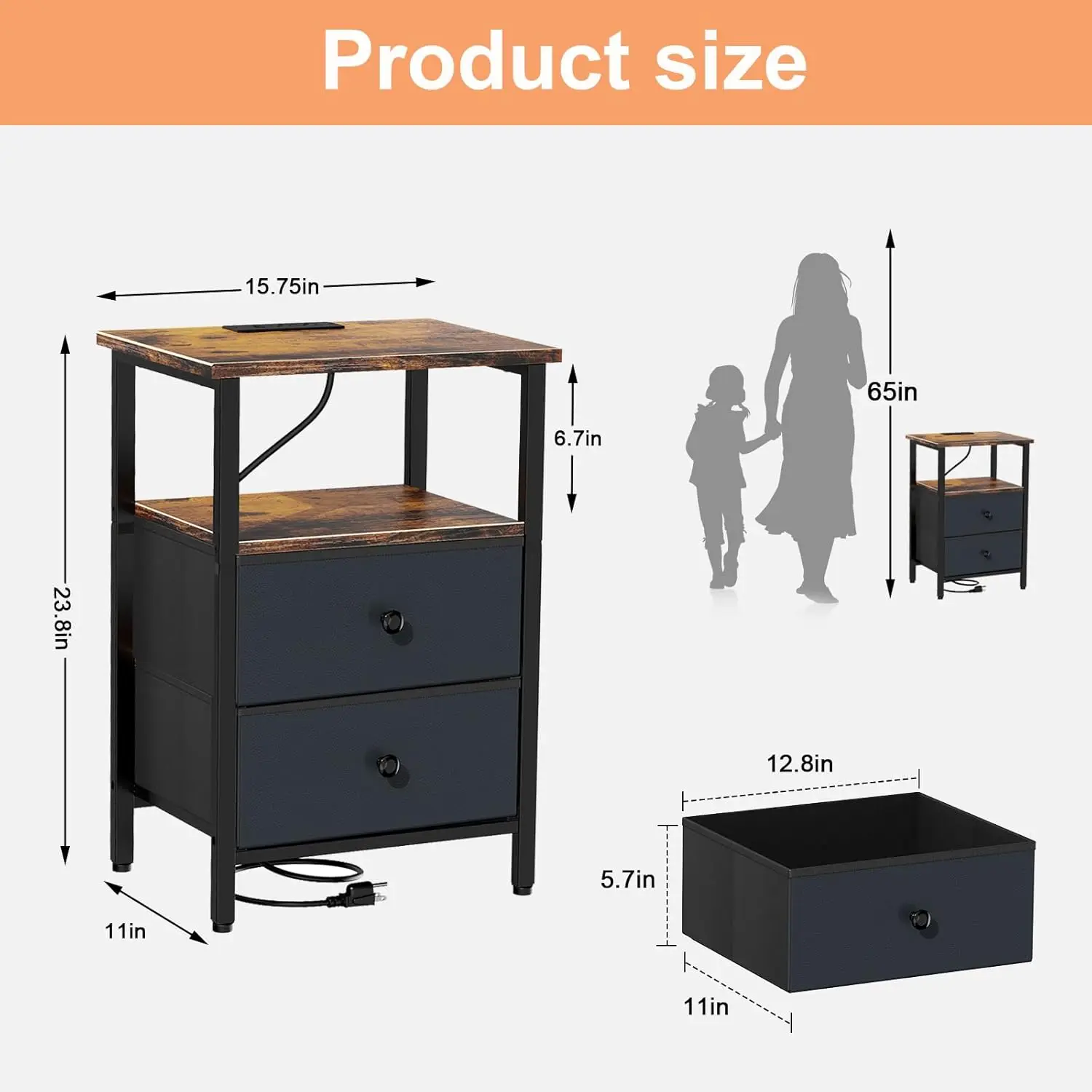 Nightstand with Charging Station, Bedside End Table with 2 Fabric Drawers for Bedroom