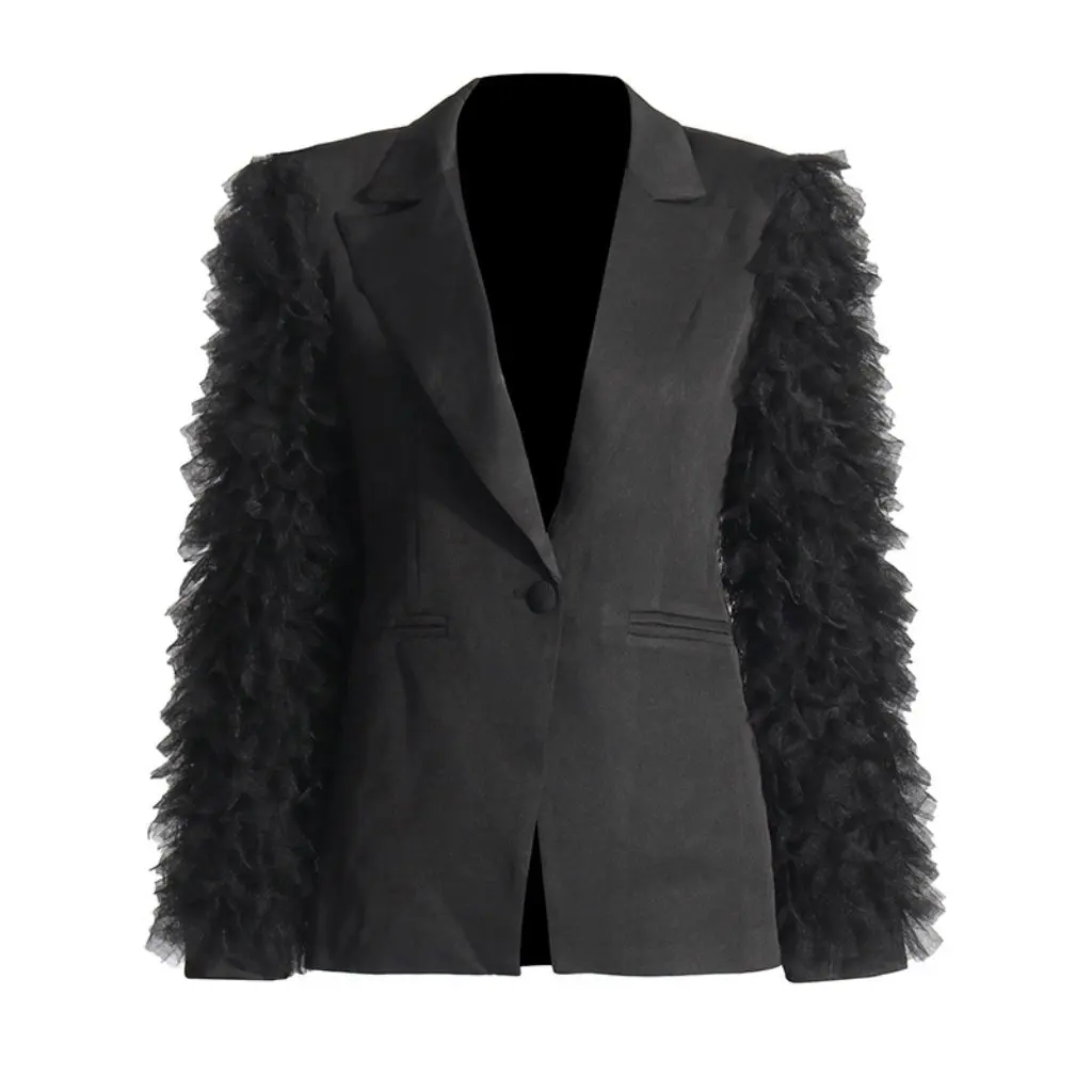 

Women's Trendy V-Neck Long-Sleeve Blazer Mesh Patchwork Versatile Designer Suit by Australian Brand New Autumn Collection
