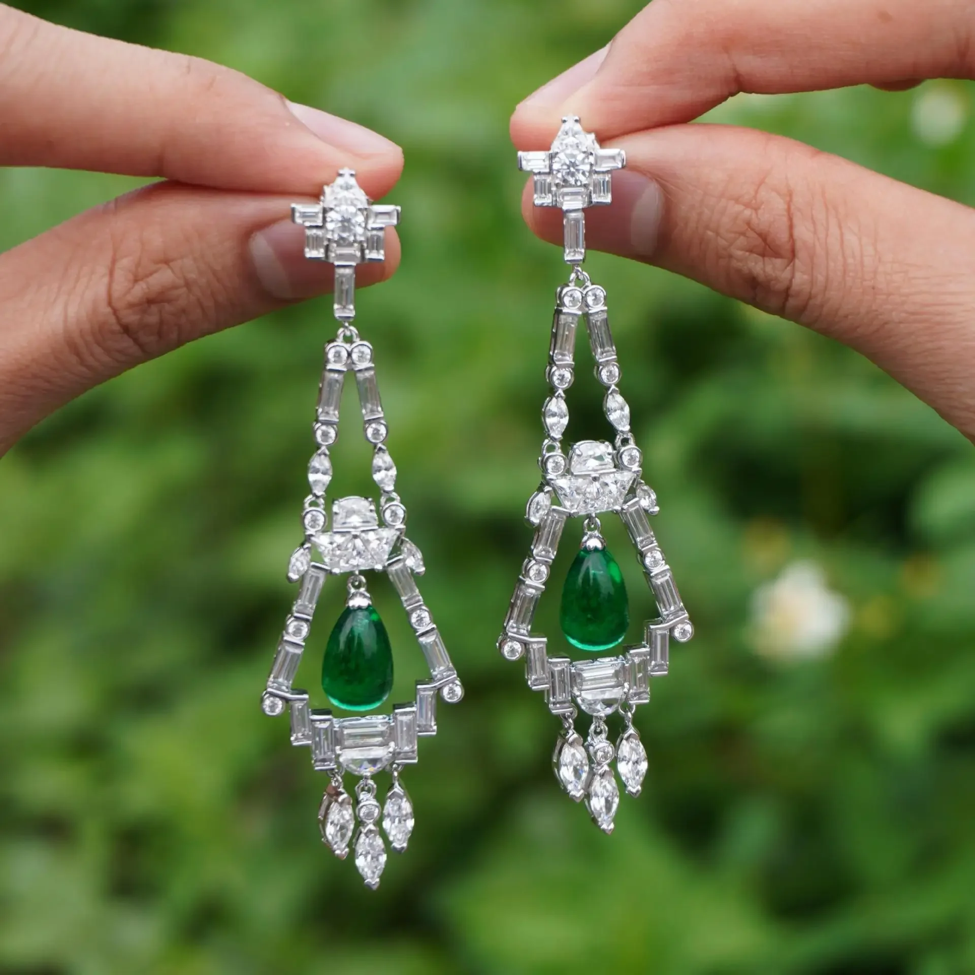 Cmajor 925 Sterling Silver Jewelry Green Emerald Lab Stone Tear Drop Chandelier Long Party Earrings Gift for Women