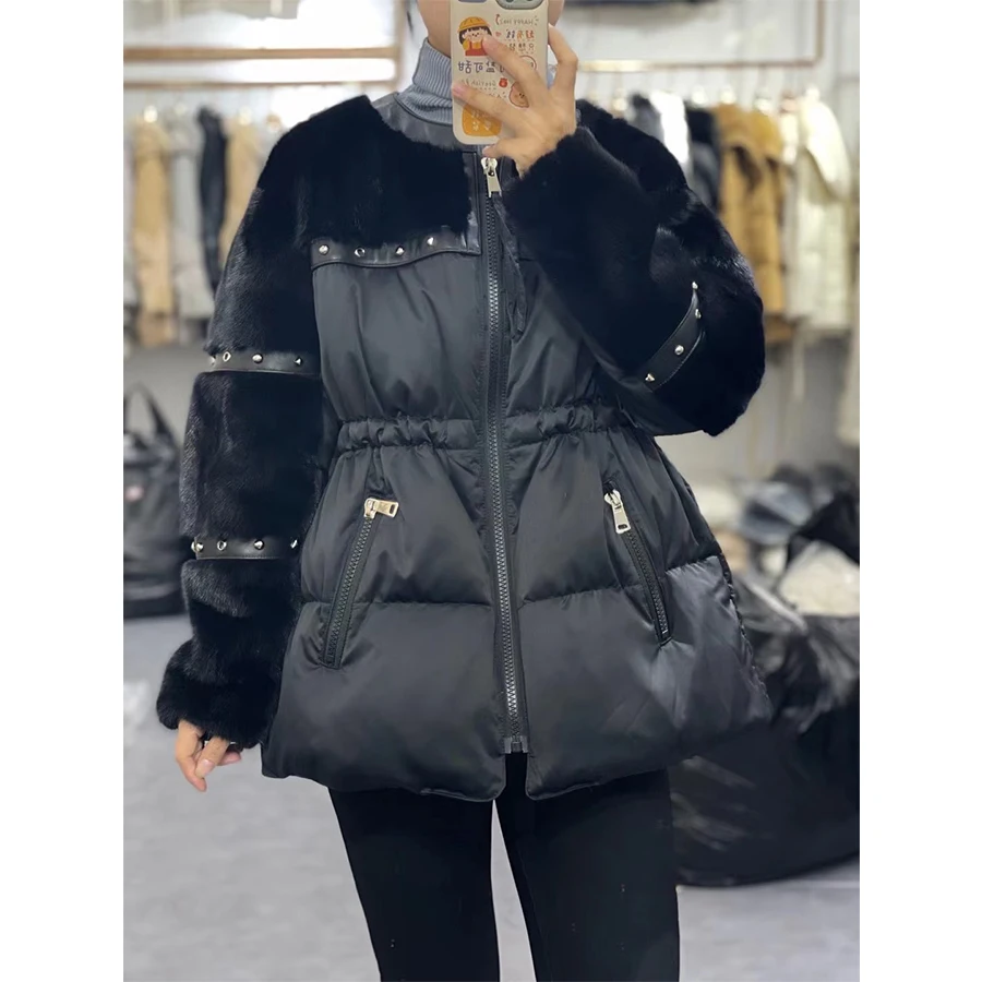 MENINA BONITA 2023 Winter Real Mink Fur Coat Women Natural White Goose Feather Down Jacket Warm Loose Luxury Fashion Streetwear