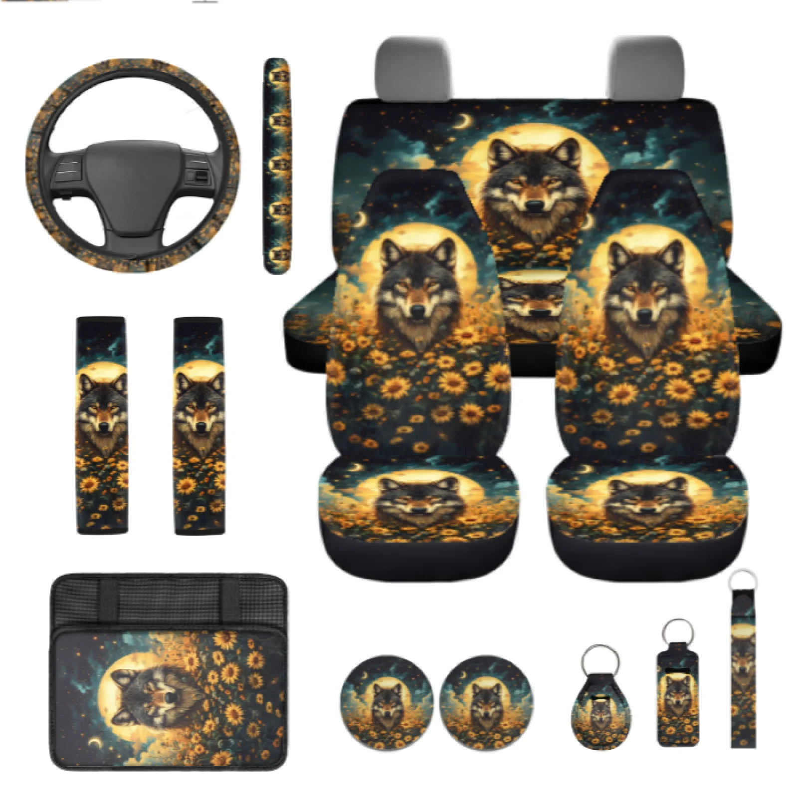Coloranimal Wolf Sunflower 13 PCS Car Seat Cover Set with Removable Steering Wheel Cover and Seatbelt Covers for Auto Interior