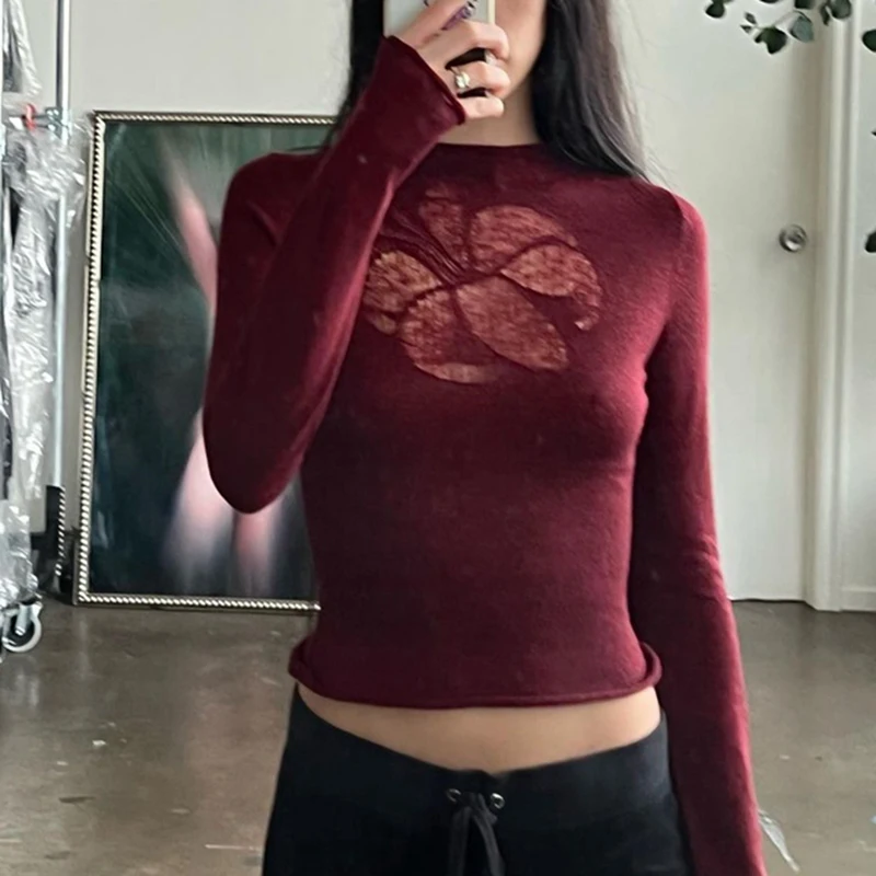 Suéter de punto con patrón Floral, camisetas, coqueta de hadas Grunge, jerséis ajustados, Top corto para mujer, camisetas de punto Vintage Y2k