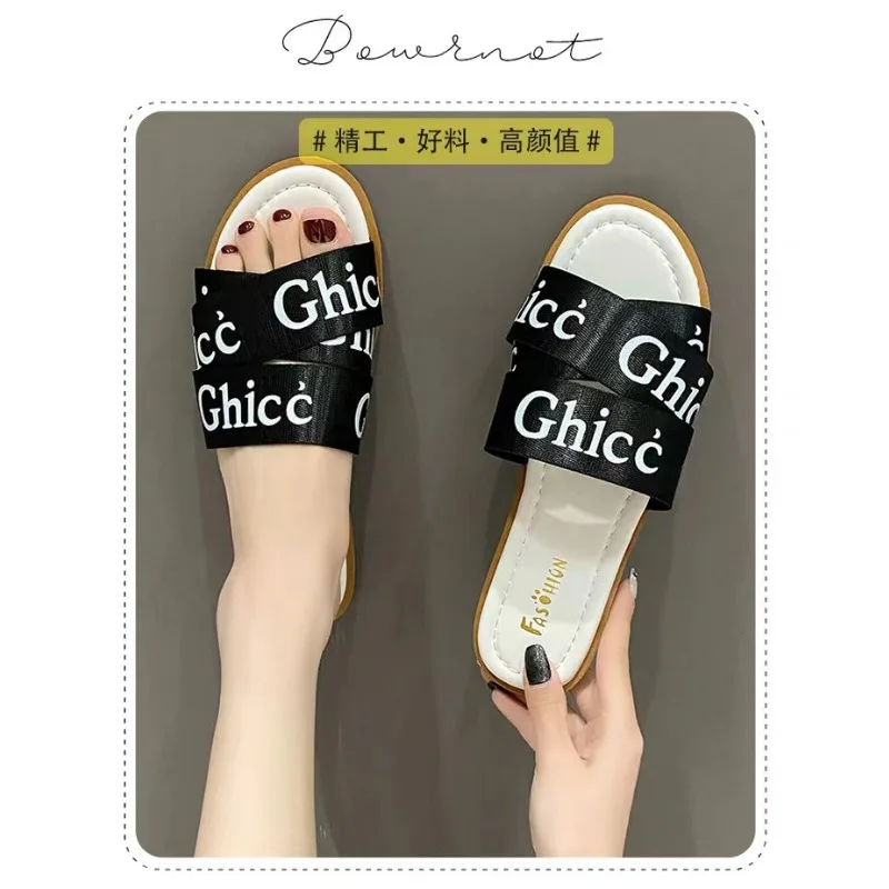 Women Low Heel Canvas Fabric Slippers House Shoes Designer Summer Footwear Luxury Flat Sandals Sale Beach Slides Bathroom Living