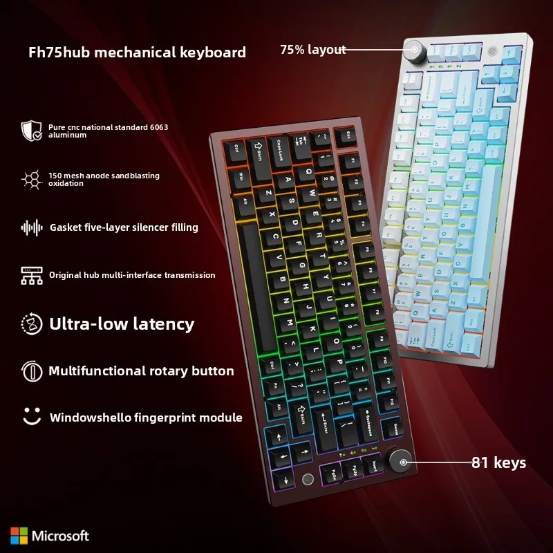 EXZX FH75 Hub Mechanical Keyboard Aluminum Alloy Multi Functional Fingerprint Recognition Wireless Customized Gaming Keyboard