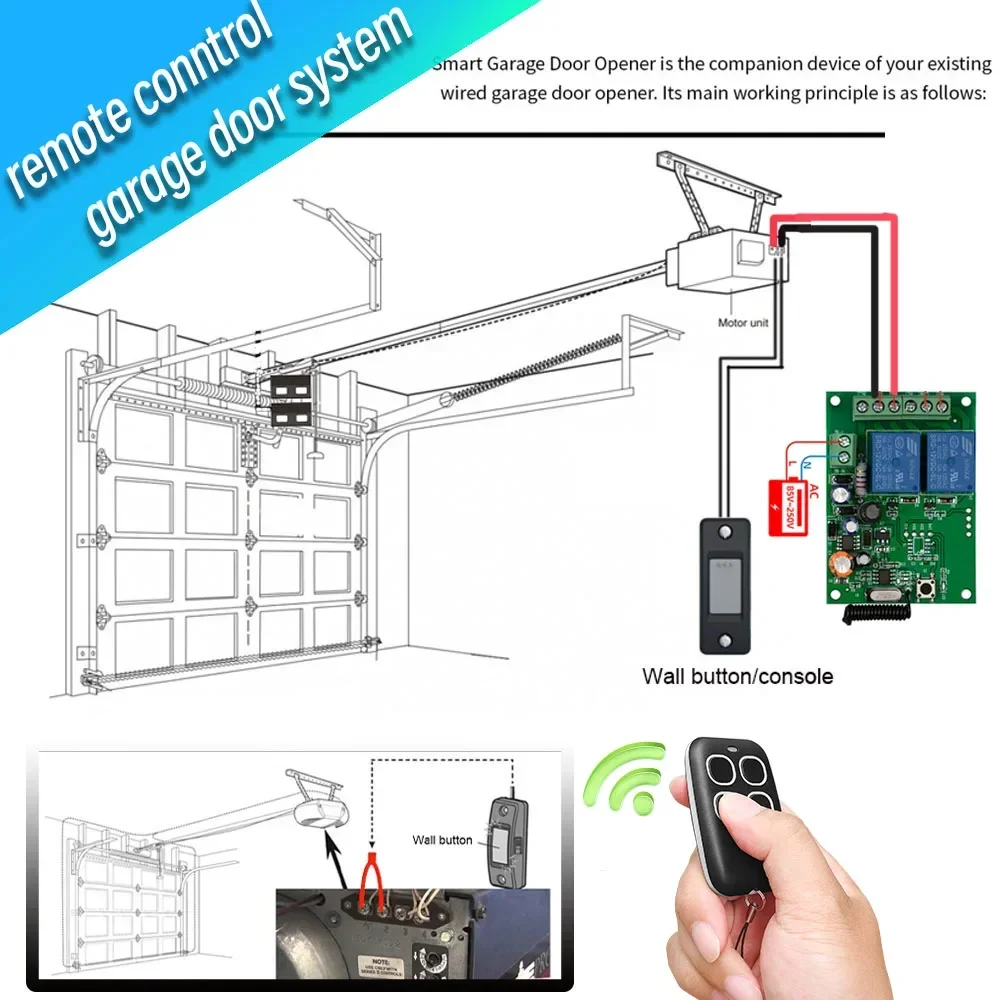 433MHz Rf Wireless Remote Control Relay Switch AC 220V 2CH Dry Contact Receiver and Transmitter for Garage Door System Motor LED