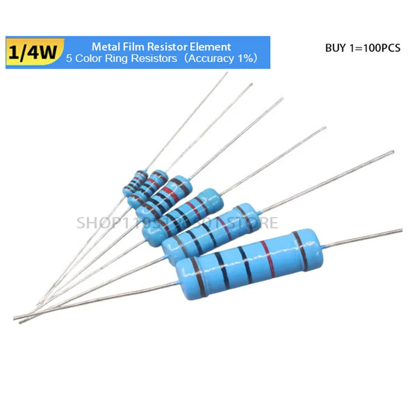 

100PCS 1/4W Metal Film Resistor Element 1% 0.25W 1K 2K 2.7K 5.1K 10K 27K 39K 180K 560k Ohm 5 Color Ring Resistors