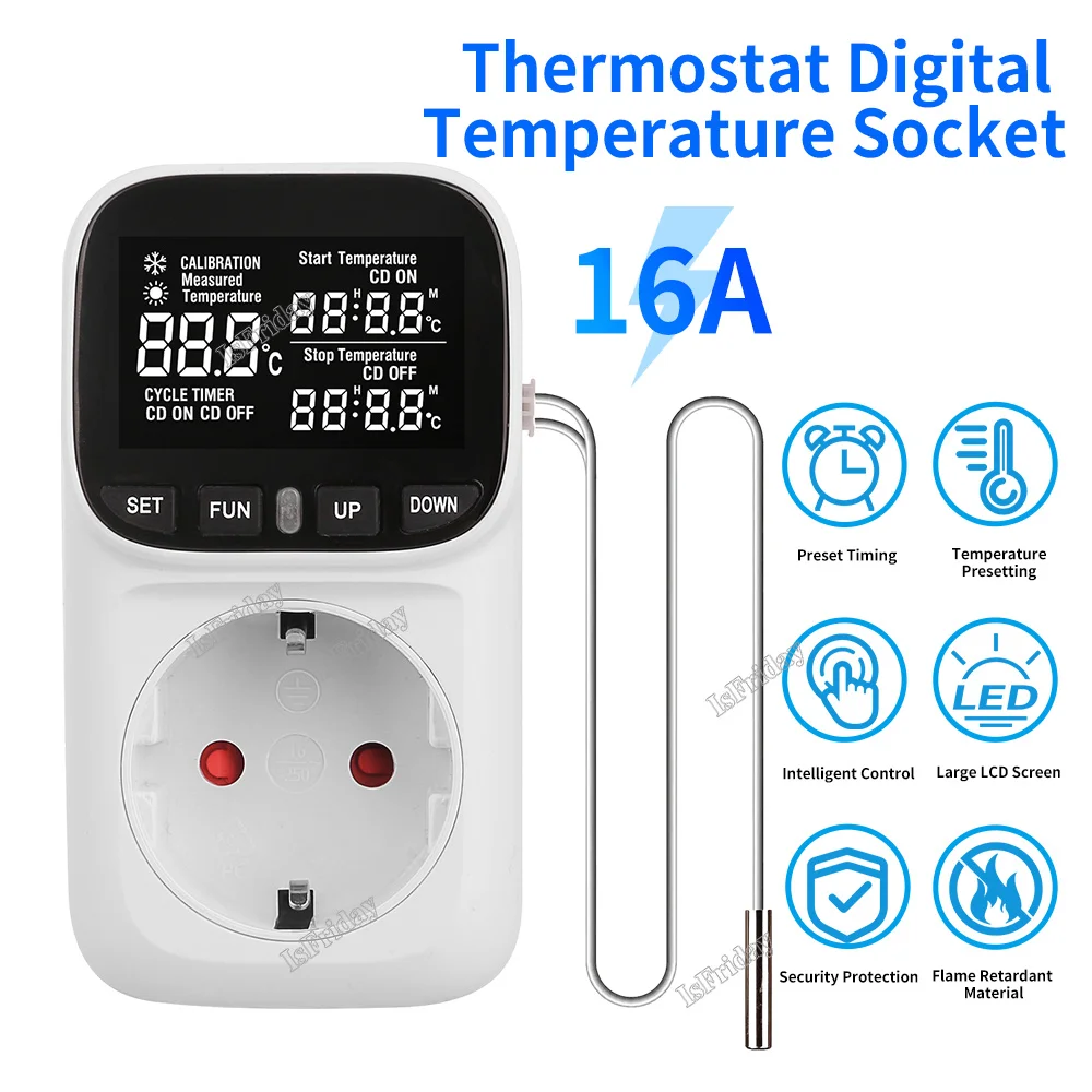 16a Thermostat Smart Plug Temperatur regler 220V hochpräzise LCD-Digital anzeige EU-Steckdose mit Timer-Sensor