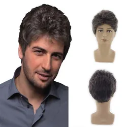 Peluca corta para hombre, pelo liso sintético mezclado, negro y gris, para uso diario