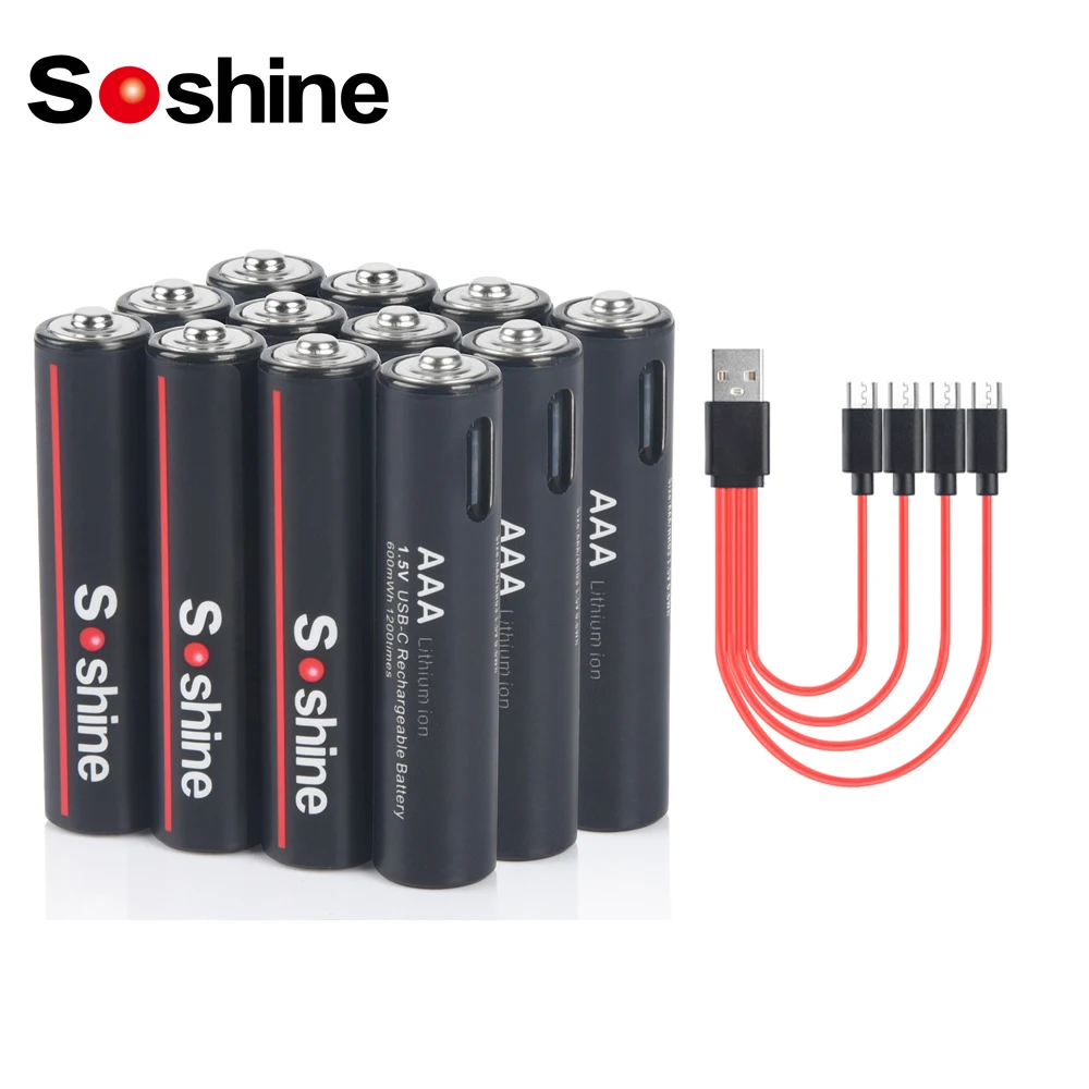 

Soshine USB Li-ion AAA Rechargeable Battery Aaa 1.5V 600mWh Lithium Batteries with 4-in-1 USB Cable for Toys Camera Flashlight