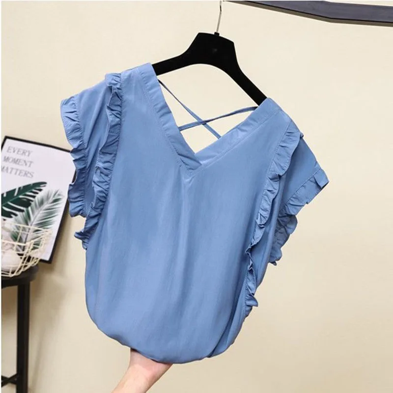 Sweet V-Neck Spliced Ruffles Butterfly Sleeve Blouse Female Clothing 2023 Summer New Loose Casual Pullovers Office Lady Shirt