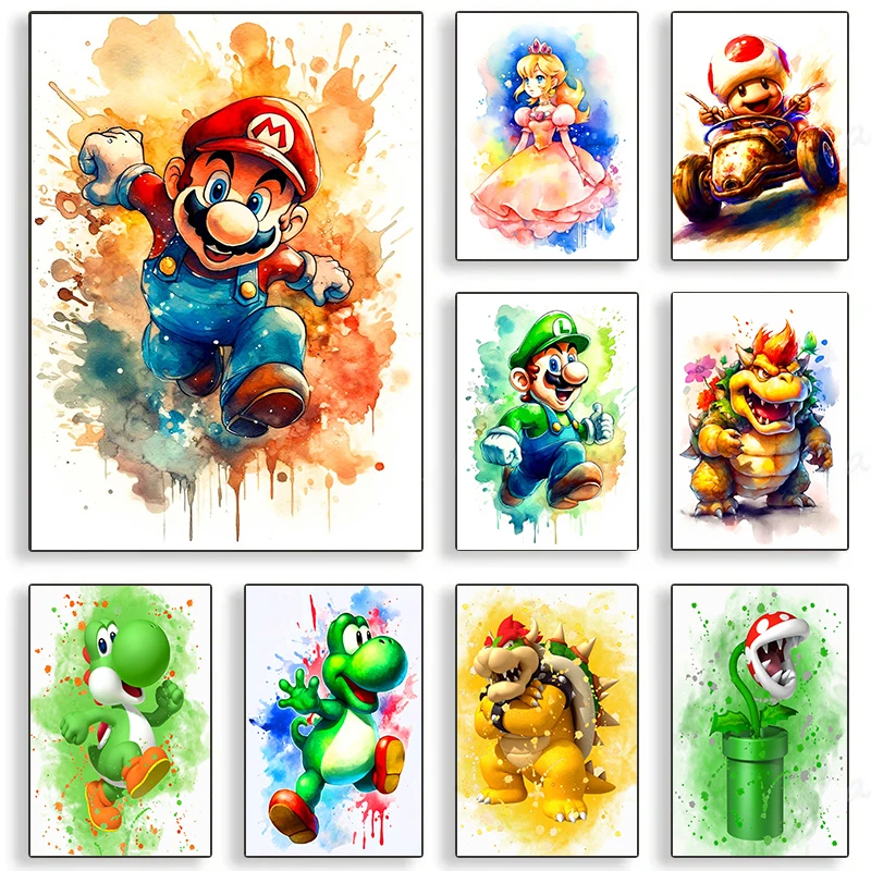 Classic Game S-Super MM-Marios WaterColour Posters and Prints Canvas Printing Wall Art Picture for Living Room Home Decor Gifts