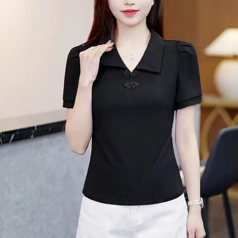 Summer Short Sleeve T-shirts Women\'s 2024 New Fashion Chinese Style Button Lapel Patchwork Pleated Solid Color Polo Shirts Tops